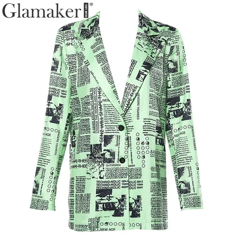 Зеленый Glamaker зеленый газета Письмо печати с длинным рукавом пальто повседневное для женщин осень зима блейзер короткая модная Клубная одежда Элегантная куртка - Цвет: Зеленый