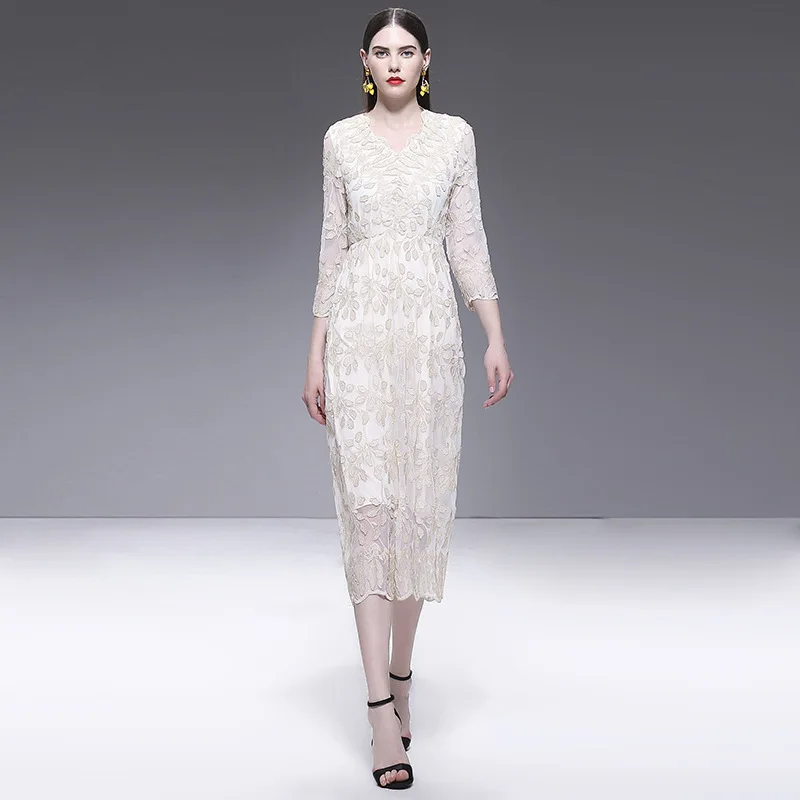 

Goddess-Style 2019 New Style Europe And America Water Soluble Lace Dress Women's Hollow out Off-white Slim Fit Long Skirts Dress
