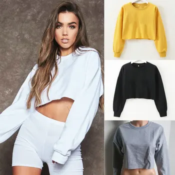

Strretwear Women Fashion Casual Long Sleeve Solid Loose Sweatshirt Jumper Crop Top Pullovers
