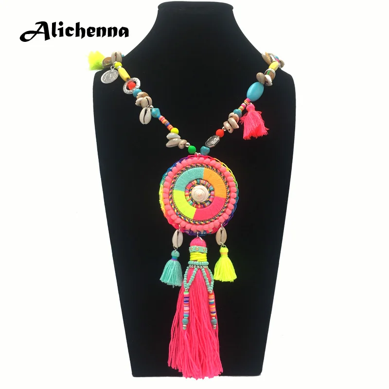 

New Hot Women Wood Beaded Necklac Bohemain Boho Ethnic Alloy Shell Charm Necklace Colour Tassel Pendant Necklace Statement