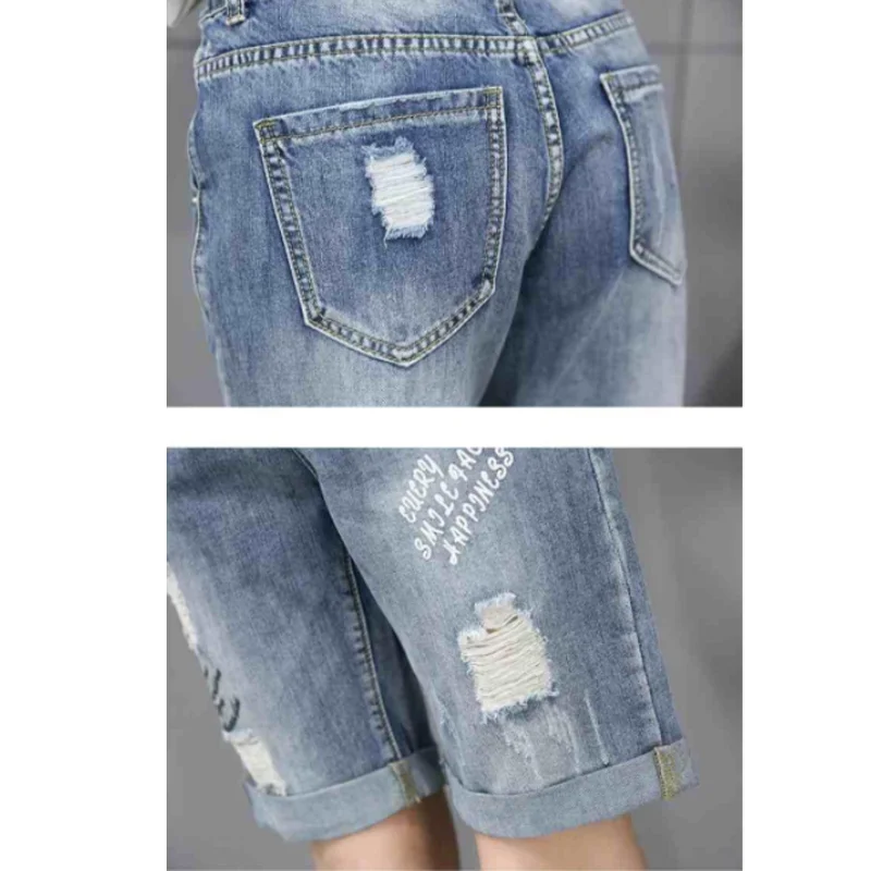 Summer New Denim Shorts Female Students Korean Hole Loose Denim Five-Point Pants High Waist Straight Leg Jeans Pants Fashion