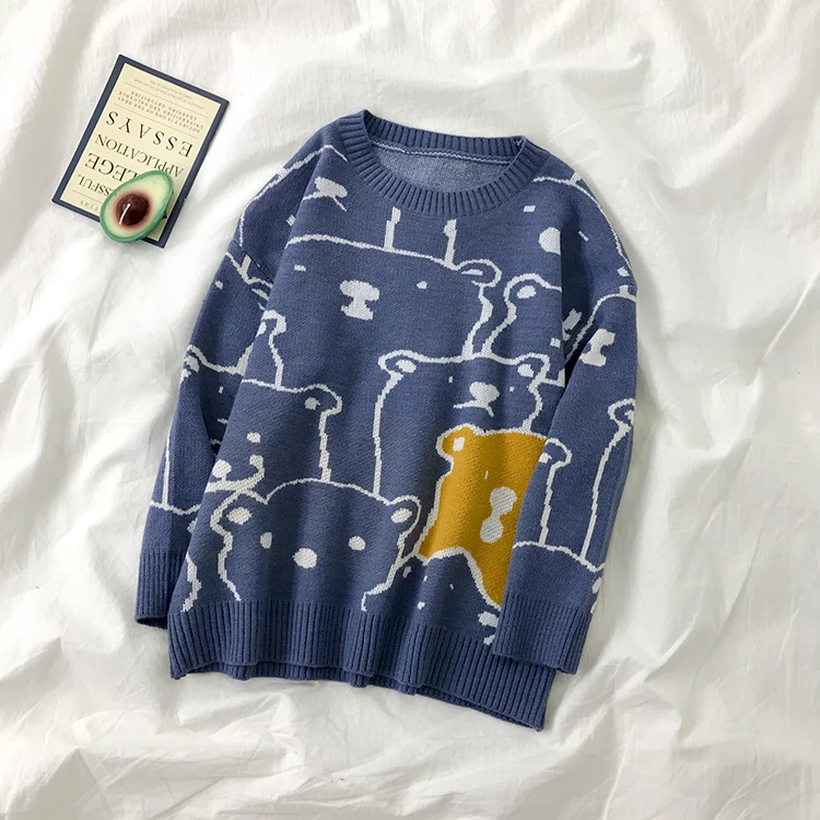 GCAROL, новинка, зимний свитер с рисунком медведя из мультфильма, свободный свитер большого размера в консервативном стиле, повседневный милый трикотажный джемпер для девочек