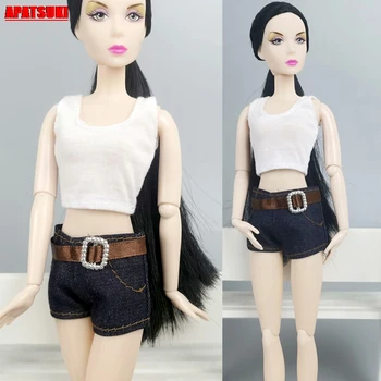 

1set White Sleeveless Tops + Short Jean Pants Doll Clothes for Barbie Doll Outfit Clothes for 1/6 BJD Doll Dollhouse Accessories