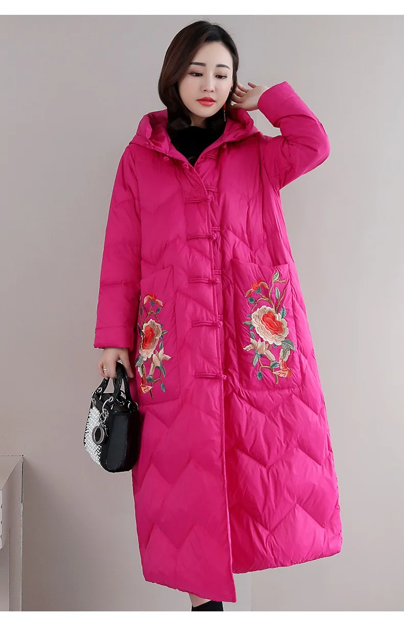 Зима, стиль, средней длины, выше колена, красный, Ретро стиль, с вышивкой в виде лягушки, в китайском стиле, в художественном стиле, свободный пуховик