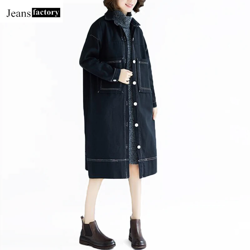 

Autumn Long Sleeve Fashion Vintage Plus Size Loose Long Black Washed Denim Jackets Women Coat Female Windbreaker Jeans Jacket