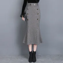 Эластичные клетчатые юбки в стиле русалки, шерстяные осенние юбки средней длины, женские длинные зимние Ретро Винтажные юбки с боковой молнией и разрезом спереди 3575LY