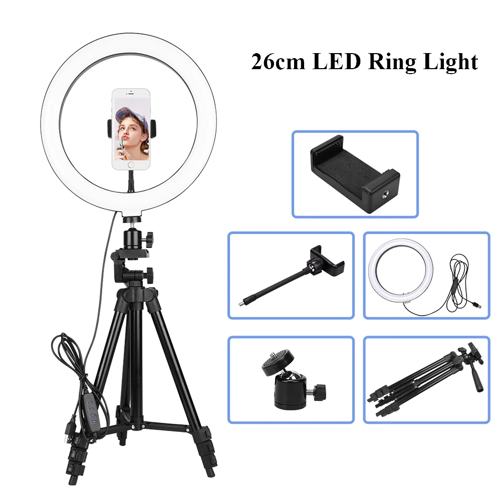 

10inch Dimmable Photography Lighting LED Selfie Ring Light 26cm Camera Phone Ring Lamp With Tripod Phone Clip for YouTube Video