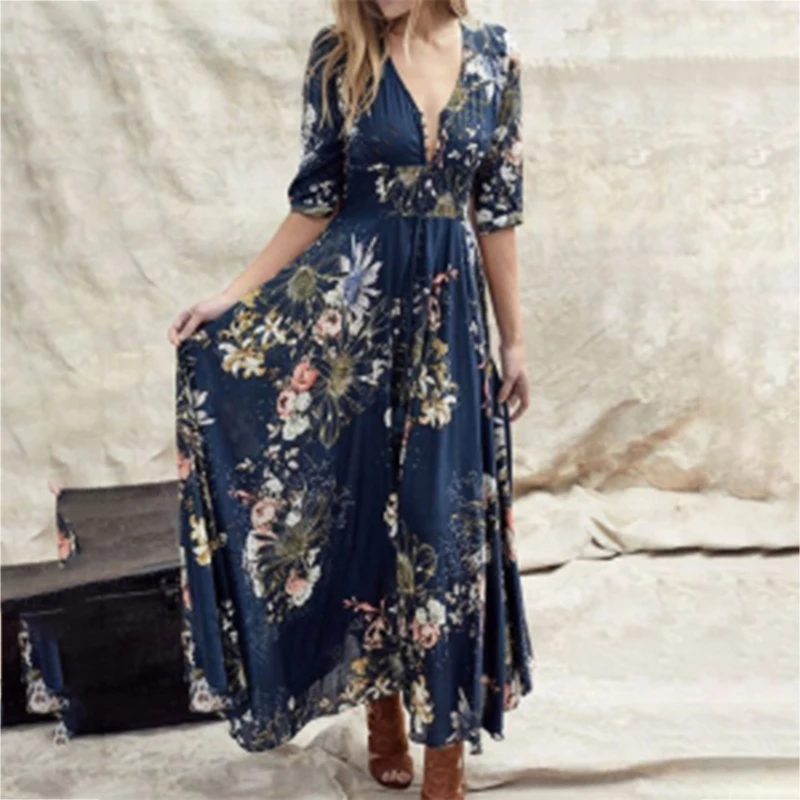 Fashion Half Sleeve V Neck Floral Loose Maxi Dress