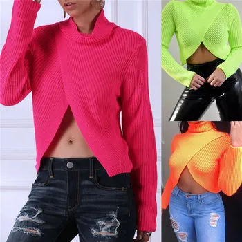 

2019 Autumn Winter Womens Sweaters Sexy Front Pullover Bolero Long Sleeve Crop Top Turtleneck Knit Korean Sweater