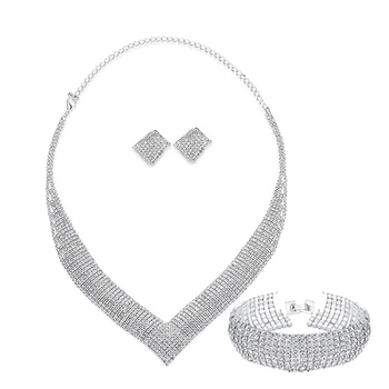 

Luxury Classic Crystal Bridal Jewelry Set for Women Clear Rhinestone Wedding Bracelets Necklace Set