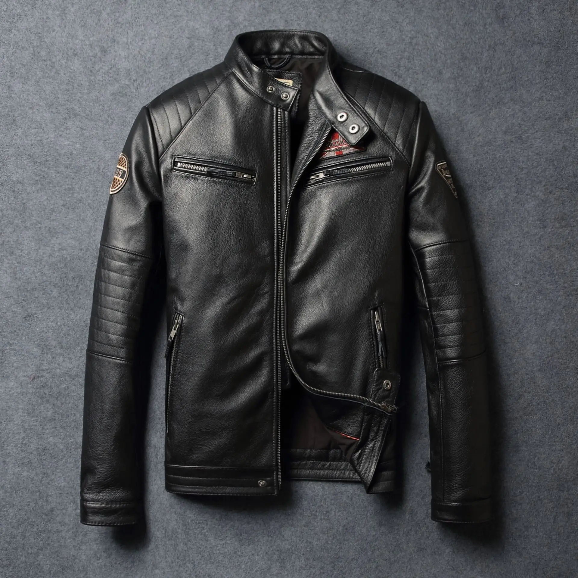

Autumn Drop Shipping 2019 Men Black Embroidery Genuine Leather Coats Motorcycle Jacket Real Head layer cowhide 4XL New Clothing