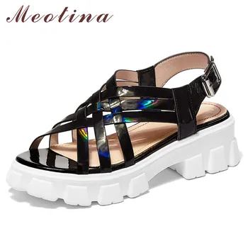 

Meotina Bling Real Leather Sandals Platform Wedge Heels Shoes Narrow Band Round Toe Footwear Buckle Summer Ladies Sandals Size 9