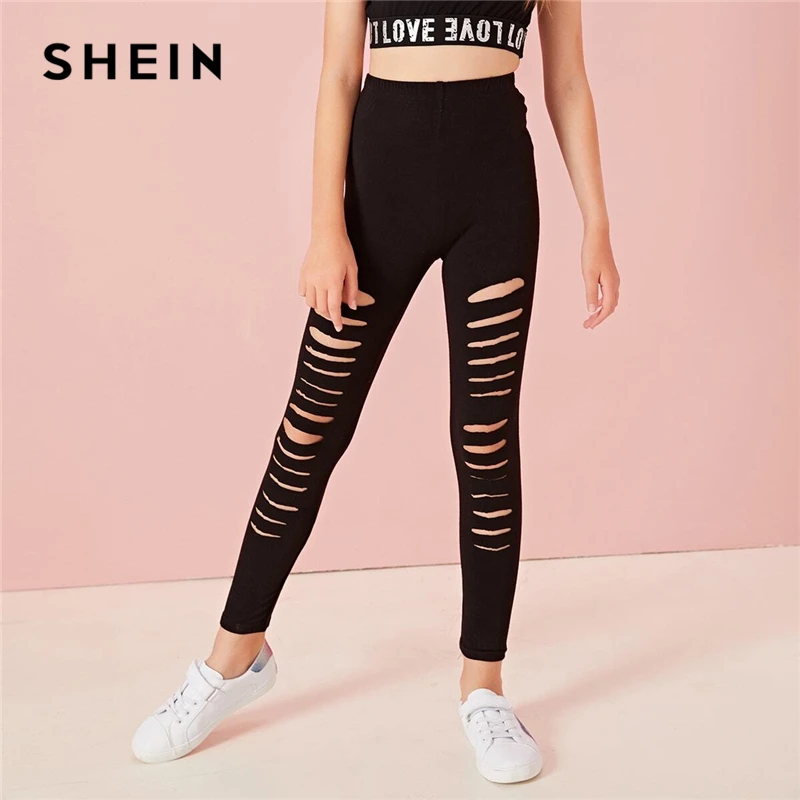 SHEIN Kiddie/черные однотонные обтягивающие леггинсы для девочек, необработанный край детские штаны г., осенняя одежда для активного отдыха брюки для подростков с эластичной резинкой на талии