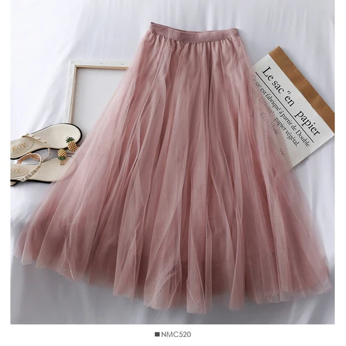 pink Женская однотонная плотная плиссированная юбка из тюля, новая мода, высокая талия, сетчатая юбка миди, высокая талия, женские юбки, 2 слоя - Цвет: pink
