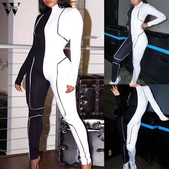 

Womail Jumpsuit Women Sexy Fitness Colorblock Skinny Sport Rompers Long Sleeve Workout Active Wear Skinny Romper Club Overall
