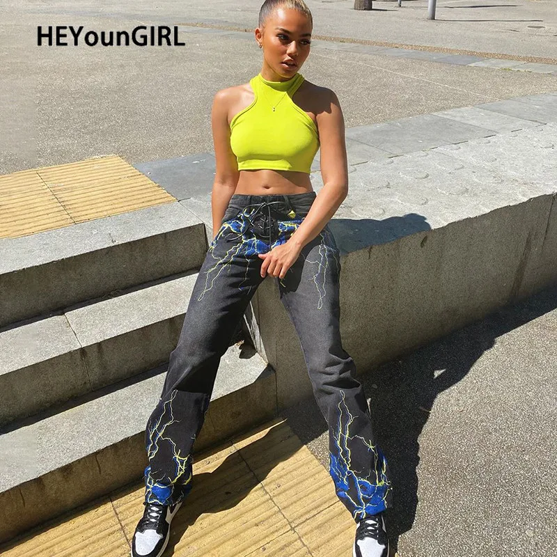HEYounGIRL Fire Flame Print Jeans Pants Women Casual Straight Long Trousers Harajuku Black High Waist Denim Pants Capris Autumn HEYounGIRL Fire Flame Print Jeans Pants Women Casual Straight Long Trousers Harajuku Black High Waist Denim Pants Capris Autumn