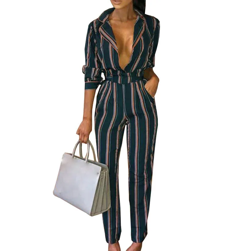

Sexy Women Deep V-Neck Jumpsuit Elegant Belt High Waist Rompers Long Sleeve Office Work Striped Jumpsuits