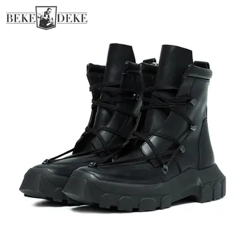 

High Street Mens Cross Strap Thick Antiskid Platform Shoes Gothic Real Leather High Top Tactical Safety Shoes Heels Ankle Boots