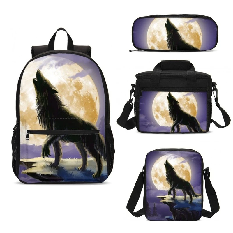 4pc Moon Wolf Printing School Bag Set With Lunch Box Pencil Case Boy Backpack For Teenager Bookbag Children Bolsa Juvenil | Багаж и сумки
