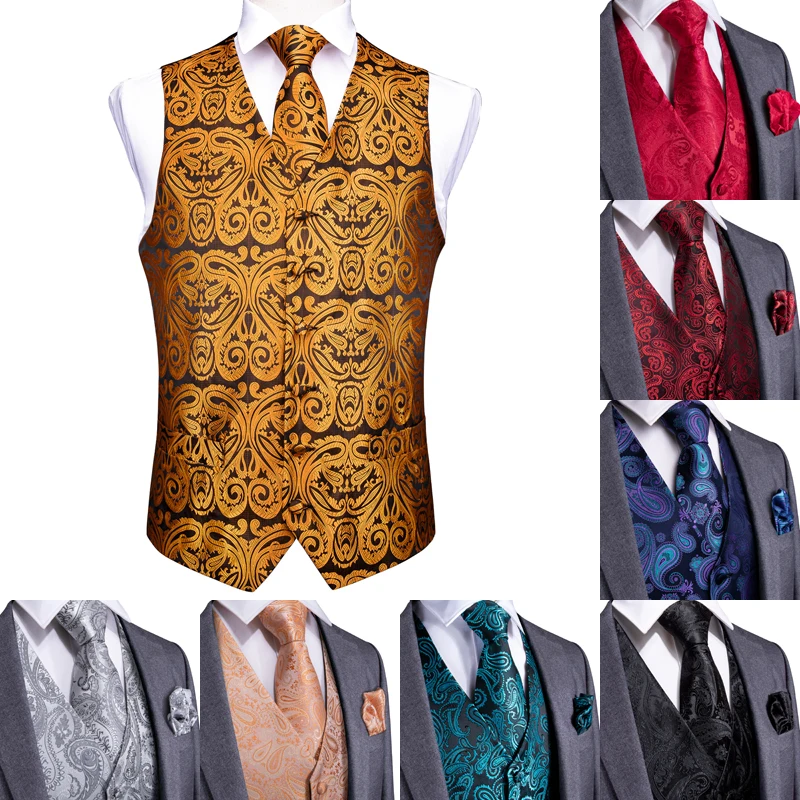 DiBanGu Red Black Paisley Fashion Wedding Men 100%Silk Waistcoat Vest Ties Hanky Cufflinks Cravat Set for Suit Tuxedo MJTZ-106