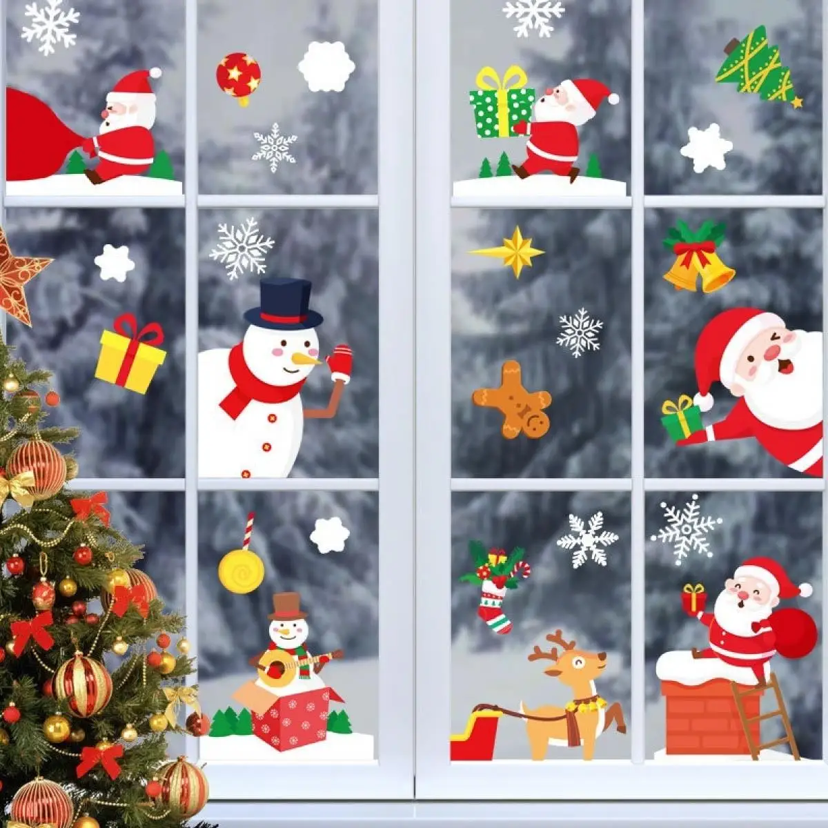 

1 Sheets DIY Christmas Stickers Reusable Snowflake Cartoon Santa Reindeer Stickers Window Decoration