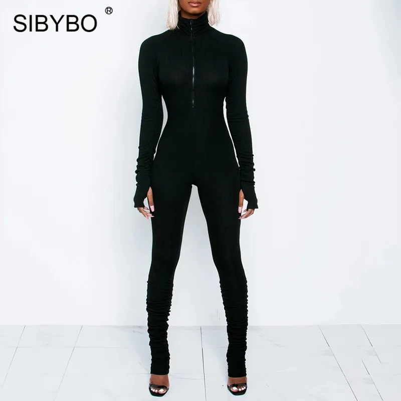 

SIBYBO Spring Turtleneck Skinny Casual Jumpsuit Women Long Sleeve Front Zipper Sport Wear Women Rompers Black Overalls for Women