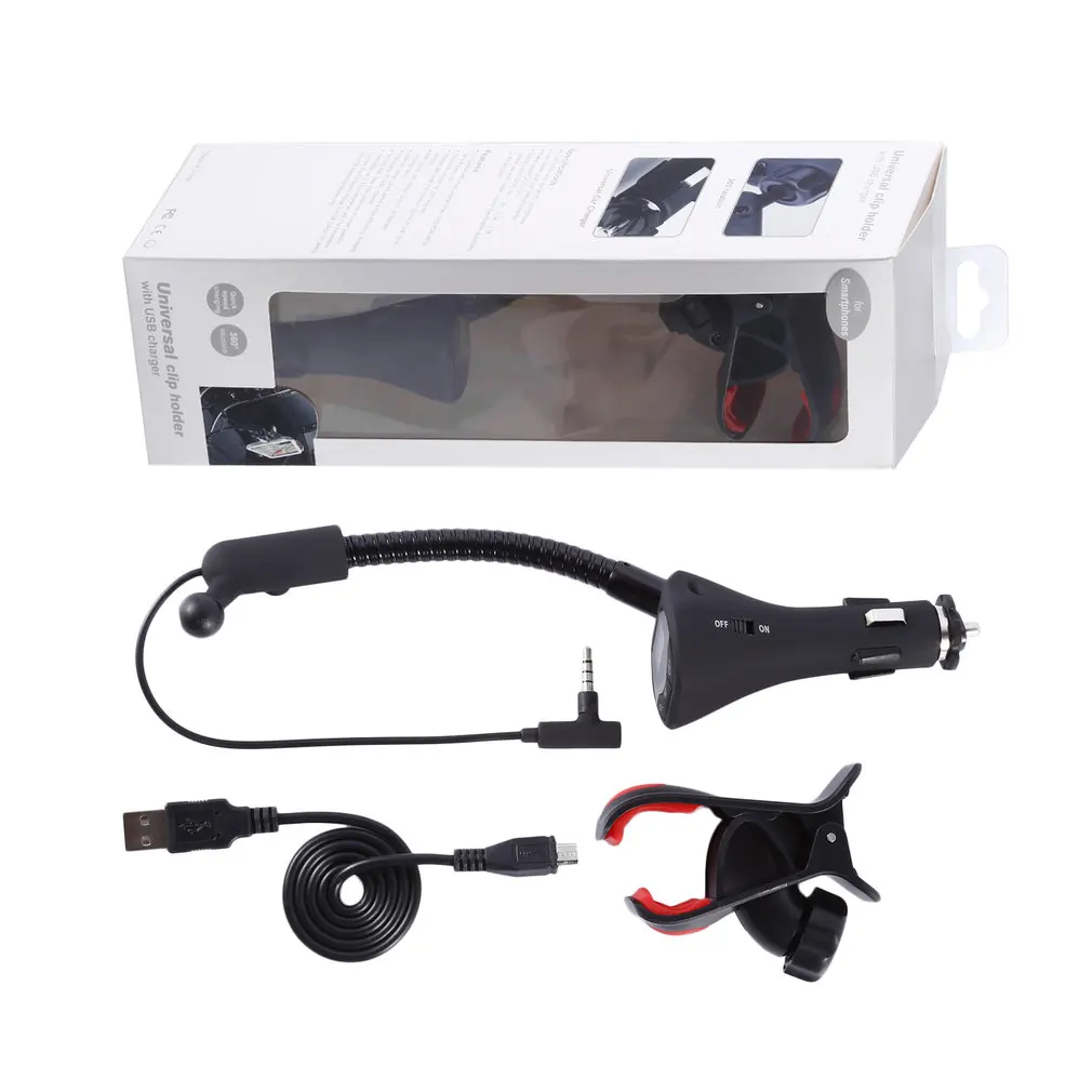  Universal 360 Ratation Cradle Car Mount Clip Phone Holder with USB Car Charger & FM Transmitter for