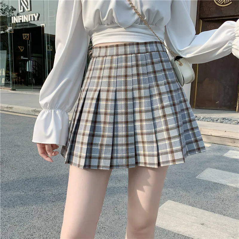 

COIGARSAM 4XL Plus Size Women Short Skirt Summer Spring Skirts Orange Deep Blue Card Color Grid Grey Plaid