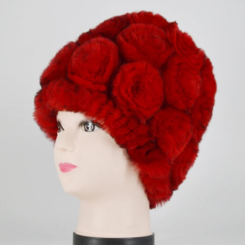 color 15 Winter Rex Rabbit Fur Hat Women Knitted Natural Rex Rabbit Fur Flowers Beanies Hats Warm Soft Real Rex Rabbit Fur Caps - Цвет: color 15