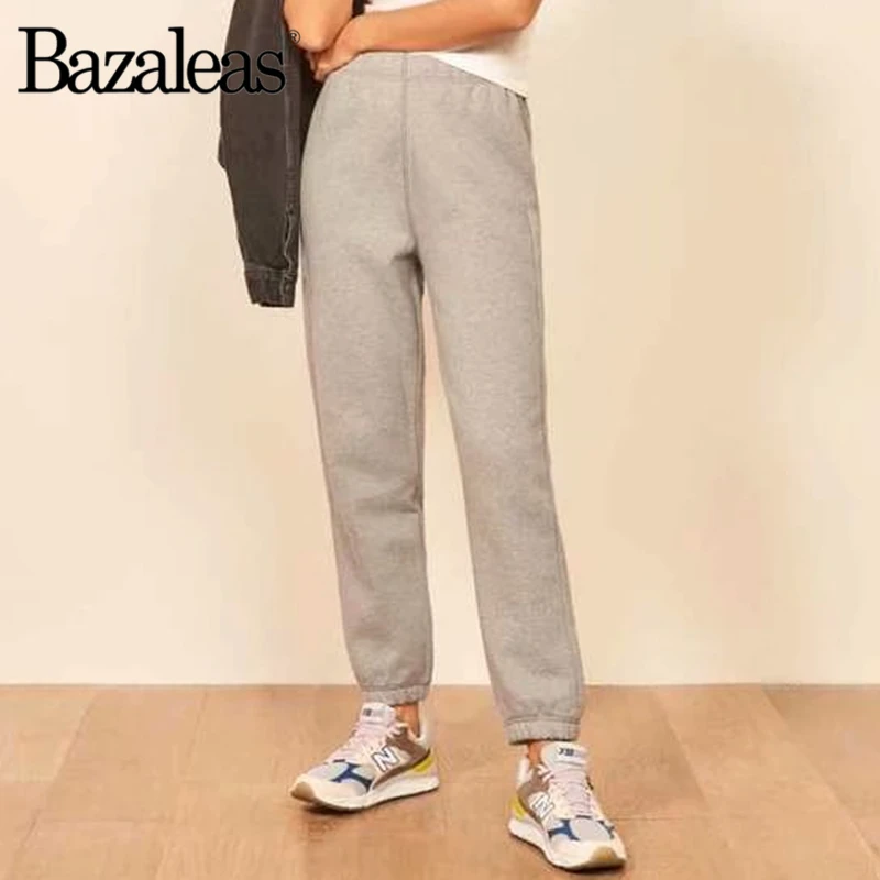 Bazaleas серые карманы pantalones mujer уличная флисовая подкладка Брюки эластичный пояс Классные брюки для женщин