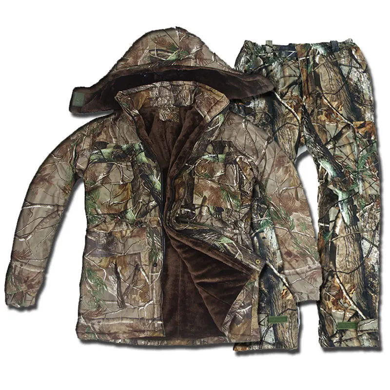 

Winter Thicken Bionic Camouflage Hunting Outfit Men Hooded Jacket Pants Suit Padded Waterproof Thermal Ghillie Clothes