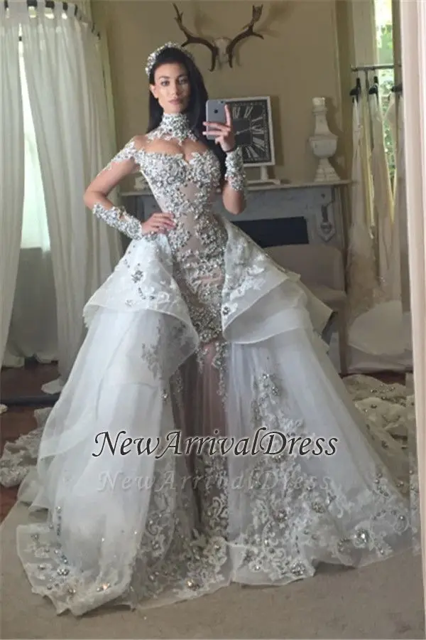Appliques Long-Sleeves Glamorous Detachable-Train Tulle High-Neck Wedding Dresses
