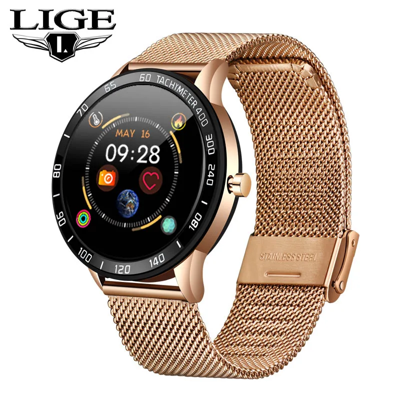 Rose gold LIGE, мужские Смарт-часы, кровяное давление, пульсометр, фитнес-трекер, мониторинг сна, информация, пуш-ап, спортивные Смарт-часы+ коробка - Цвет: Rose gold