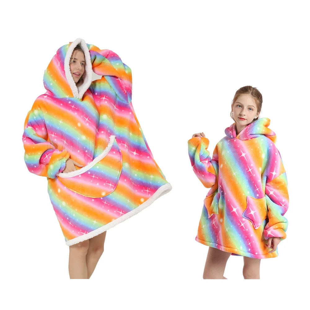 Adult Kids Cows Print Warm Soft Wearable Fleece Pocket Hooded Boy Girl Sweatshirt Polar Fleece Hoodie Flannel Unicorn Bathrobe