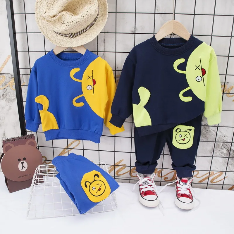 

BOY'S 2020 Fashion Korean-style Spring And Autumn Children Baby Cartoon Block CHILDREN'S Sweater Two-Piece Set