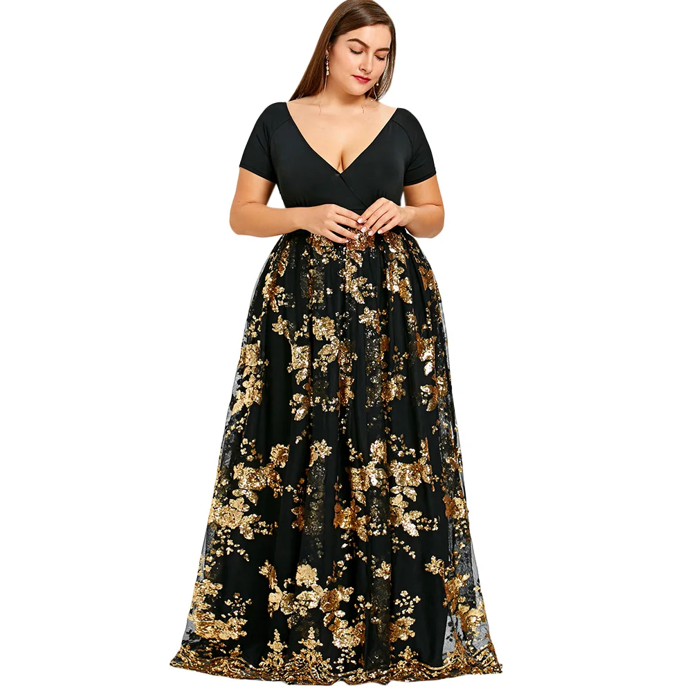 Rosegal Plus Size Jurk Vrouwen Diepe V-hals Korte Mouwen Bloemen Sparkly Maxi Jurken Elegante Feestjurk Vestidos Robe Femme 5XL Rosegal Plus Size Jurk Vrouwen Diepe V-hals Korte Mouwen Bloemen Sparkly Maxi Jurken Elegante Feestjurk Vestidos Robe Femme 5XL