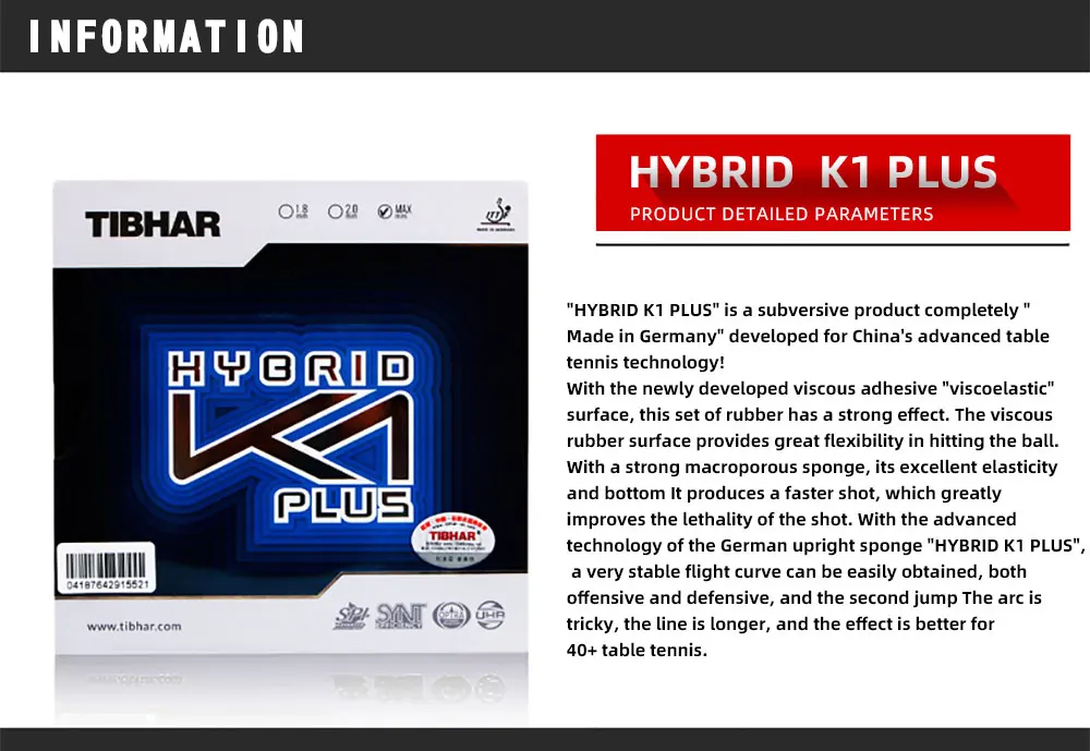 Description Picture 4 of itemTIBHAR HYBRID K1 / K1 PLUS / K2 / K1 PRO Sticky Forehand Offensive Pimples In Table Tennis Rubber Ping Pong Sponge Original