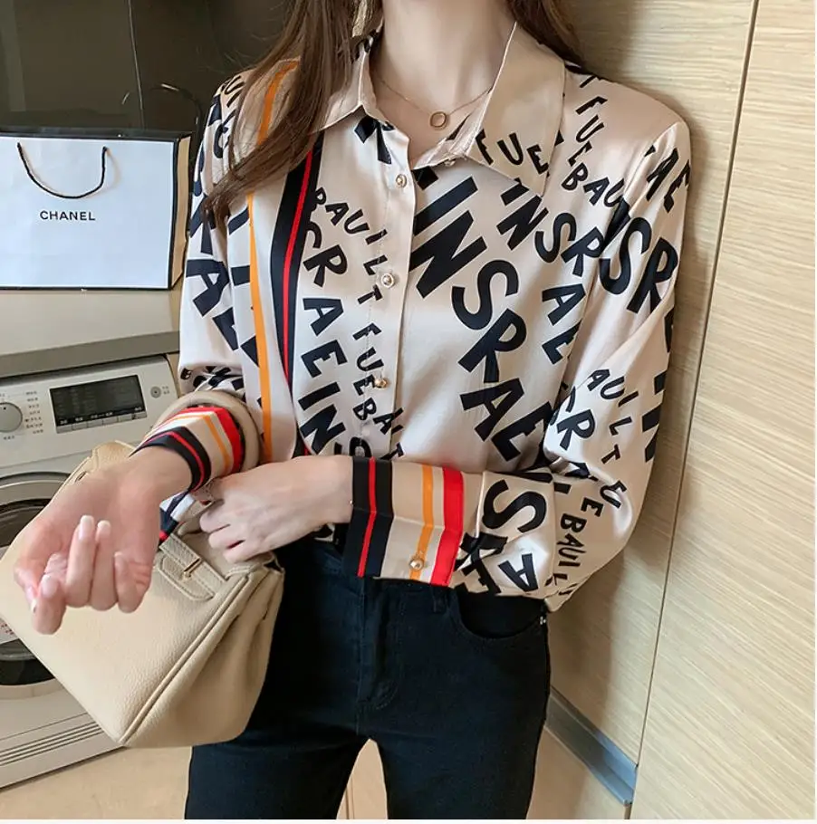 Blusas ajustadas para mujer, Tops con estampado de letras de pasarela, camisa de manga larga con cuello para mujer, camisas elegantes para oficina, ropa de trabajo 2021 - AliExpress Ropa de mujer