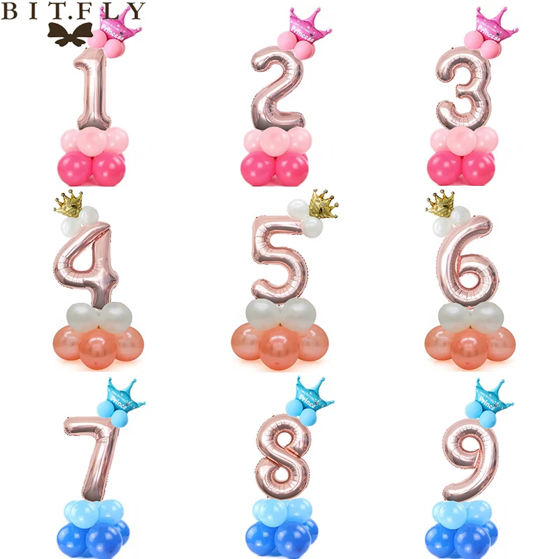 13Pcs/Set Rose Gold Number Foil Balloons Happy Birthday Party Decorations Baby Shower Kids Crown 32inch | Дом и сад