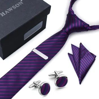 

HAWSON Men’s Striped Tie Pocket Square Set with Cuff Links and Tie Bar Clips in Gift Box for Men Shirt Cuff links