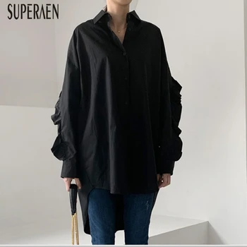 

SuperAen 2020 Spring and Autumn New Shirts Women Long-Sleeved Ruffles Wild Ladies Blouses and Tops Lapel Casual Pluz Size