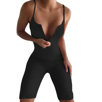 

Women Sleeveless Spaghetti Strap Bodycon Jumsuit Ribbed Knit Sexy Zip Up Biker Shorts Rompers Fitness Sport Playsuit Clubwear