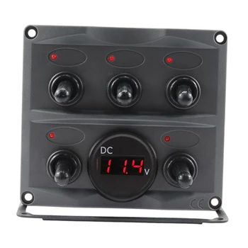 

12/24V Marine Boat 5 Gang+ Voltmeter Splashproof Toggle Switch Panel LED