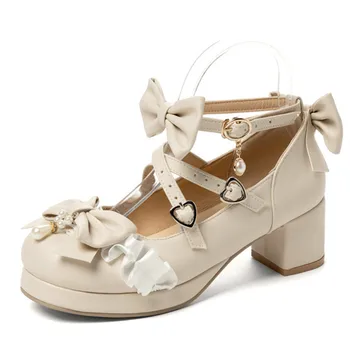 

Lolita Shallow Leather Shoes Student Girl Butterfly Knot Pearl Princess Women Shoes Cross-Tied Belt Buckle Thick Heel Size 30-48