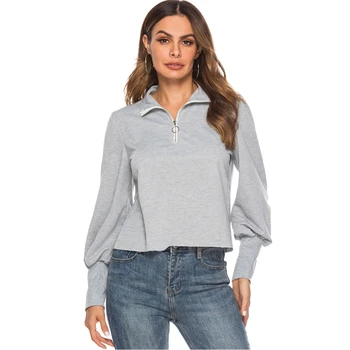 

Spring Autumn Gray Sweatshirt Women Fashion Lantern Sleeve Women crop top Casual Pullover Zipper Turn-down Collar Female K773