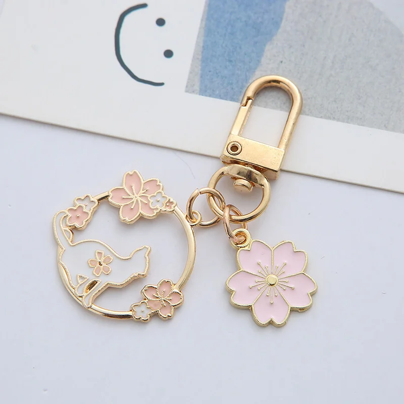 Cute Round Rabbit Cat Metal Keychain Lovely Pink Sakura Car Bag Keyring Girl Boy Couple Jewelry Lanyard Headset Pendant 6