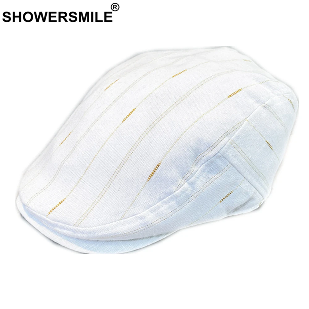SHOWERSMILE White Linen Flat Hats Spring Summer Mens Beret Ivy Cap