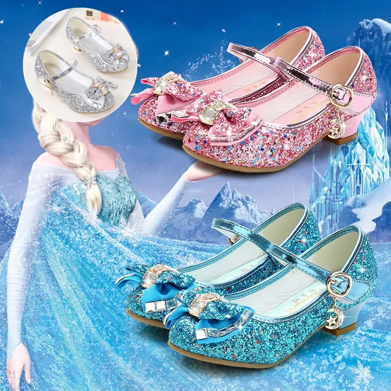 

Princess Kids Leather Shoes for Girls Flower Casual Glitter Children High Heel Girls Shoes Butterfly Knot Blue Pink Silver