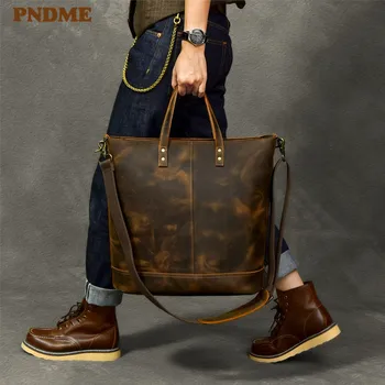

PNDME vintage luxury crazy horse cowhide men's handbag high quality genuine leather large capacity tote shoulder crossbody bags