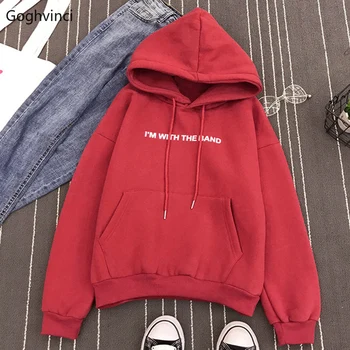 

Hoodies Women Hooded 2020 Hicker Plus Velvet Big Pocket Leisure Pullovers Womens All-match Kawaii Letter Printed Sweatshirts